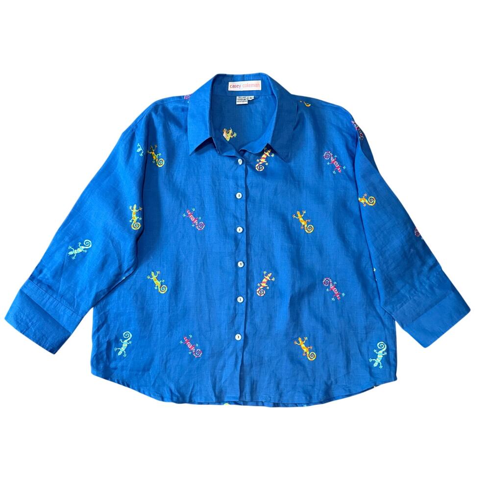 Vintage Casey Coleman 100% Linen Embroidered Gecko Button Down Blouse Womens XL